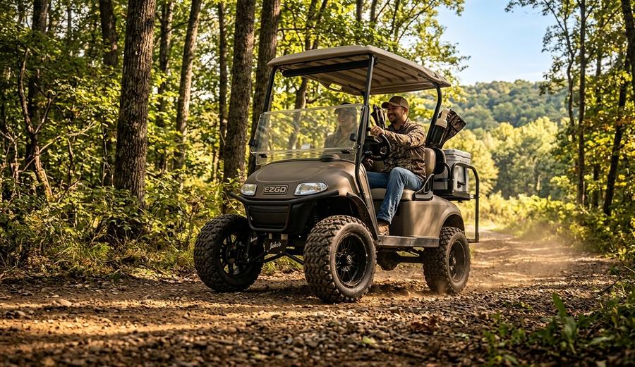 Side view of lifted EZGO RXV showing brake drum behind spindle