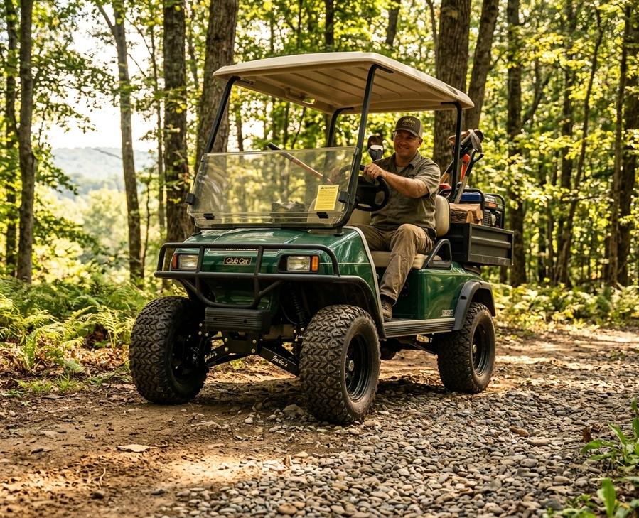 Golf cart with 6-inch spindle lift crossing rough trail