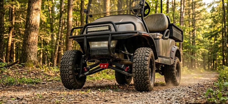 Close-up of black powder-coated A-arm assembly on Club Car Precedent